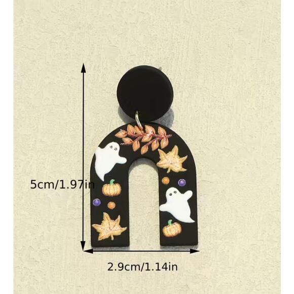 Halloween Dangle U-Shaped Resin Earrings Ghost Maple Leaves - Picture 3 of 4